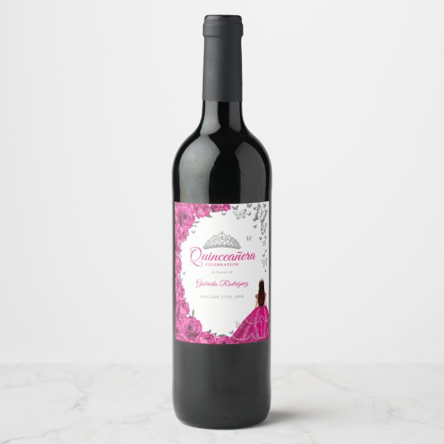 Aquarell Fuchsia Pink Floral Quinceanera Weinetikett (Vorderseite)