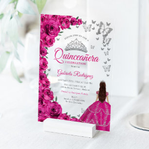 Aquarell Fuchsia Rosa Rosen Silber Quinceanera Acryleinladungen