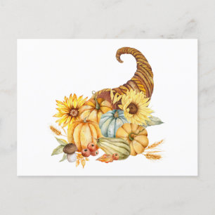 Aquarell-Füllhorn mit Kürbissen, Sonnenblume Postkarte
