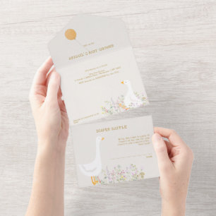 Aquarell-Gans-Ente-Wildblume-Baby-Shower All In One Einladung