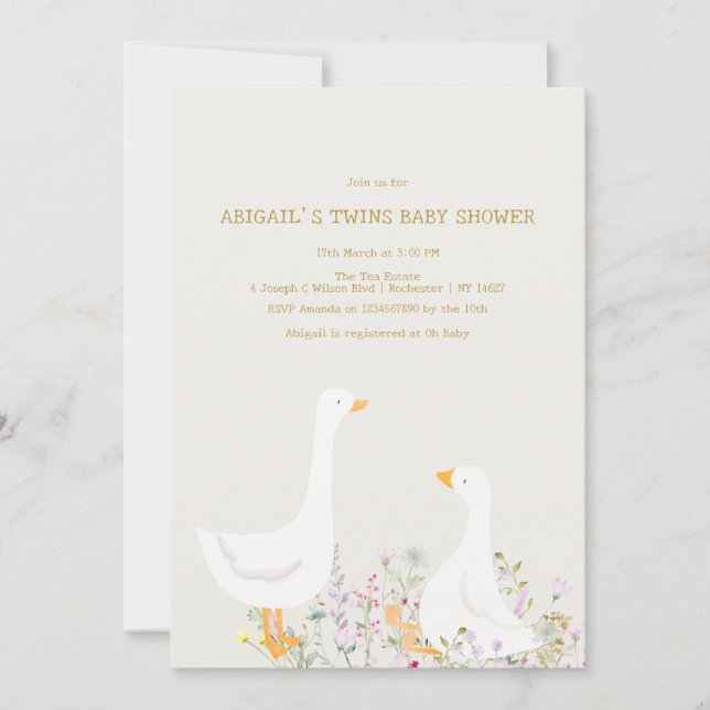 Aquarell Gänse Wildblume Twins Kinderdusche Einladung (Vorderseite)