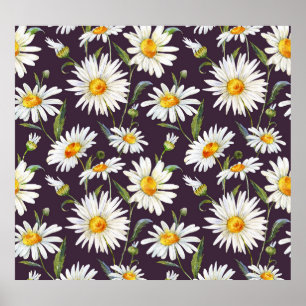 Aquarell-Gänseblümchen: Dunkle Florale Nahtlose Mu Poster