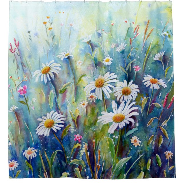 Aquarell-Gänseblümchen-Feld-Duschvorhang Duschvorhang (Vorderseite)