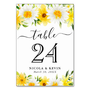 Aquarell-Gänseblümchen und gelbe Blumen Hochzeit Tischnummer