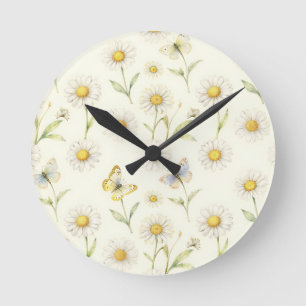 Aquarell-Gänseblümchen- und Schmetterlingswiesen-M Runde Wanduhr