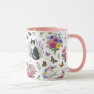 Aquarell-Garten-Katzen-Tasse - Blumen & Schmetterl Tasse