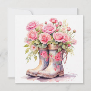 Aquarell-Gartenstiefel mit rosa Rosen Karte