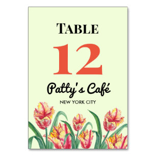 Aquarell-Gelb-Papageien-Tulpen-Illustration Café Tischnummer
