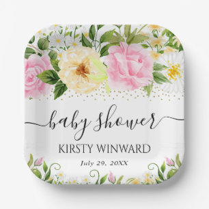 Aquarell-Gelb- und Rosa-Blumen-Baby-Party Pappteller