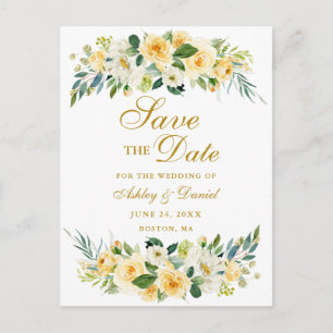 Aquarell-Gelb-Weiß-Blumen-Gold-Save-the-Date Ankündigungspostkarte