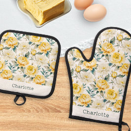 Aquarell Gelbe Blumen Küche Ofenhandschuh & Topflappen-Set