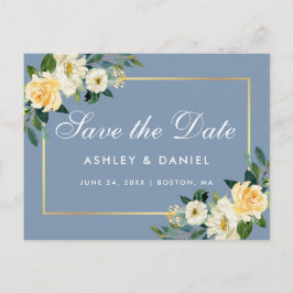 Aquarell Gelbe Blüte Dustelblau Save the Date Postkarte