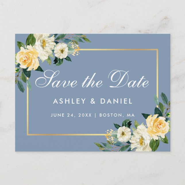 Aquarell Gelbe Blüte Dustelblau Save the Date Postkarte (Vorderseite)