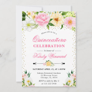 Aquarell Gelbe und Rosa Blumen Quinceanera Einladung