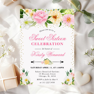 Aquarell Gelbe und Rosa Sommerblumen Sweet 16 Einladung
