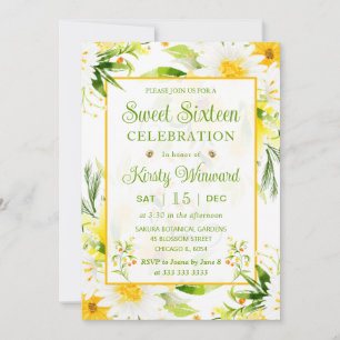 Aquarell-Gelbe-und-Weiße-Margeriten-Sweet-Sixteen Einladung