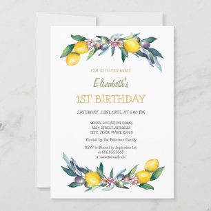Aquarell-Gelbe Zitronen-Oliven-Geburtstag Einladung