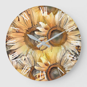 Aquarell-Gelber-Blumenstrauß-Sonnenblumen-Kollekti Große Wanduhr