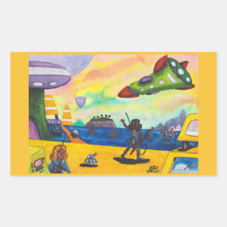 Aquarell-Gemälde Raumschiff Planet Raumhafen Waffe Rechteckiger Aufkleber