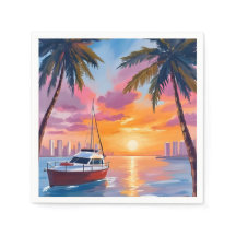 Aquarell-Gemälde Sonnenuntergang Miami Beach Boat