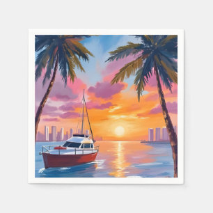 Aquarell-Gemälde Sonnenuntergang Miami Beach Boat Serviette