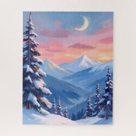 Aquarell-Gemälde Winter Mond Berg
