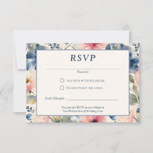 Aquarell gemalte Blumen Rosa Blau Grün Hochzeit RSVP Karte