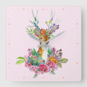 Aquarell-gemalte florale Babyhirsche Babyzimmer Quadratische Wanduhr