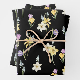 Aquarell Gemischter Garten Frühlingsblumen Schwarz Geschenkpapier Set