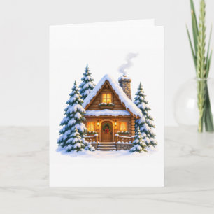 Aquarell-Gemütliches-Winter-Blockhütten-Grußkarte Karte