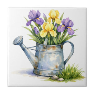 Aquarell-Gießkanne mit Irisblumen Fliese