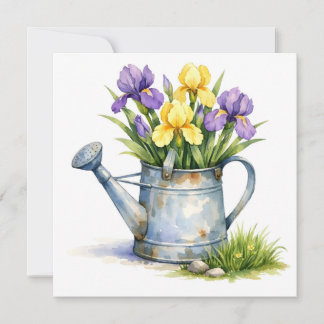 Aquarell-Gießkanne mit Irisblumen Karte