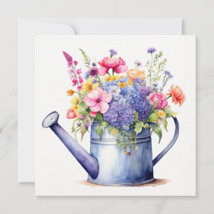Aquarell-Gießkanne und Sommerblumen  Karte