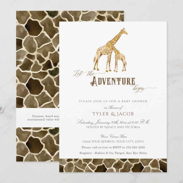 Aquarell Giraffen Safari Adventure Baby Dusche Einladung (Vorne/Hinten)