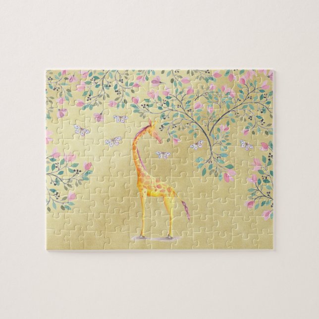 Aquarell-Giraffen-Schmetterlinge und Blüte (Horizontal)