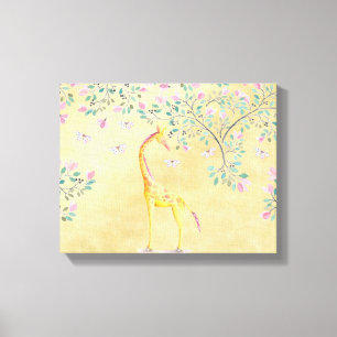 Aquarell-Giraffen-Schmetterlinge und Blüte Leinwanddruck