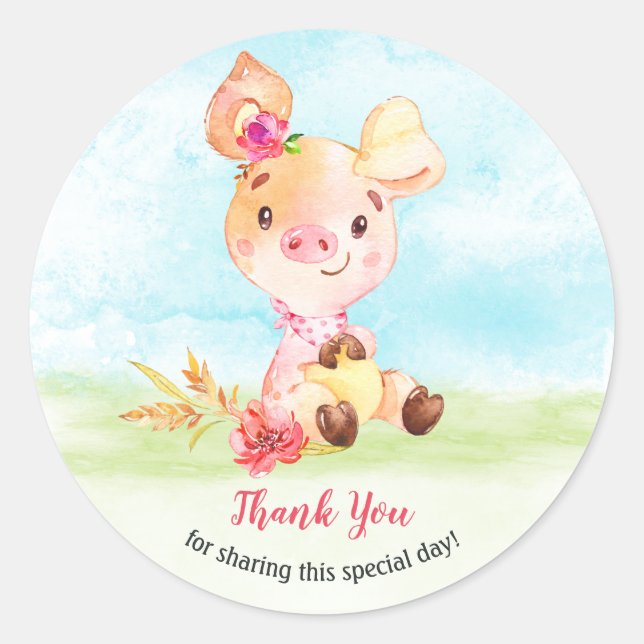 Aquarell Girl Piggy Baby Showfarm Vielen Dank Runder Aufkleber (Vorderseite)