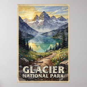 Aquarell Glacier National Park Retro Poster