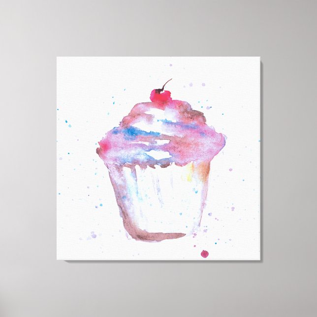 Aquarell, glänzender Cupcake, lila rosa Leinwanddruck (Vorderseite)