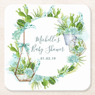 Aquarell-Glas-Terrarium-Sukkulenten-Baby-Party Rechteckiger Pappuntersetzer