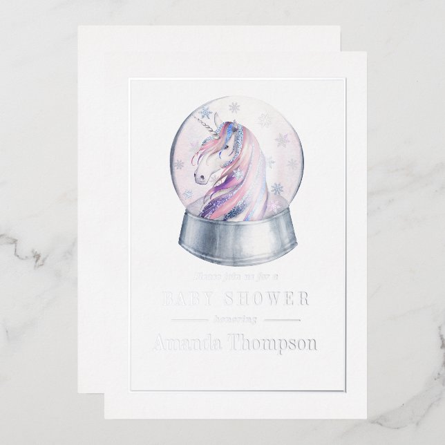 Aquarell Glitzer Einhorn Weihnachtsdusche Folieneinladung (Vorderseite/Rückseite)