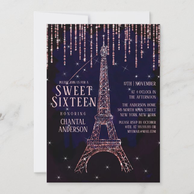 Aquarell Glitzer Paris Eiffelturm Süß 16 Einladung (Vorderseite)