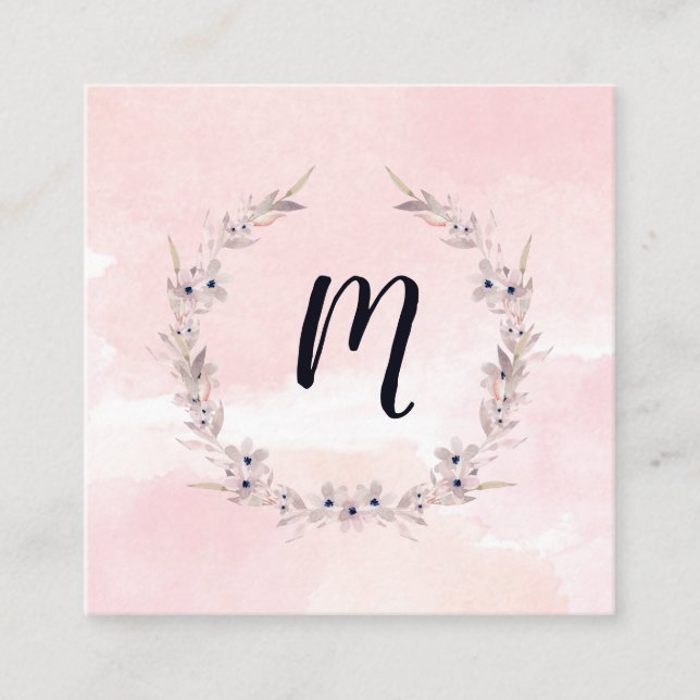 Aquarell-Glück | errötet rosa Blumenmonogramm Quadratische Visitenkarte (Vorderseite)