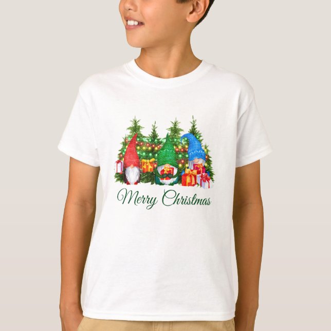 Aquarell Gnomes Green Frohe Weihnachtsjunge T-Shirt (Vorderseite)
