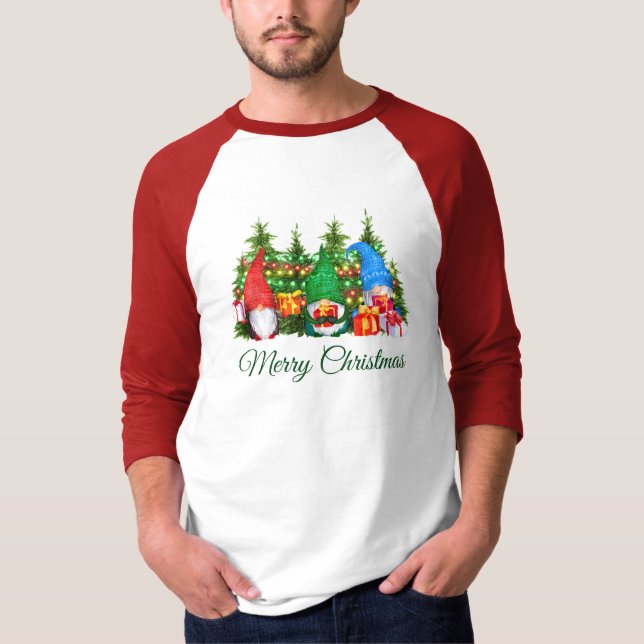 Aquarell Gnomes Green Frohe Weihnachtssportarten T-Shirt (Vorderseite)