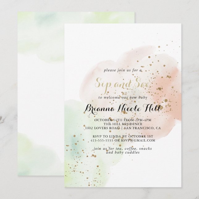 Aquarell Gold Confetti Sip & See Einladung (Vorne/Hinten)
