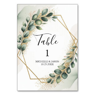 Aquarell Gold Geometrisch Floral Eukalyptus Grün Tischnummer