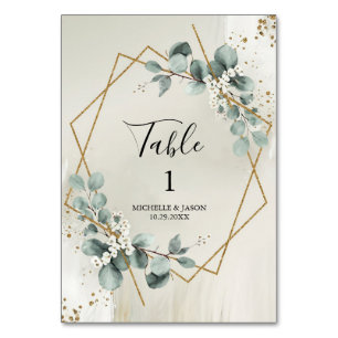 Aquarell Gold Geometrisch Floral Eukalyptus Grün Tischnummer