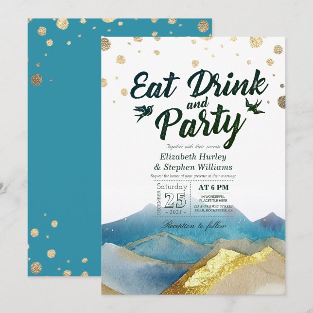 Aquarell Gold Mountain EAT Drink & Party Hochzeit Einladung (Vorne/Hinten)
