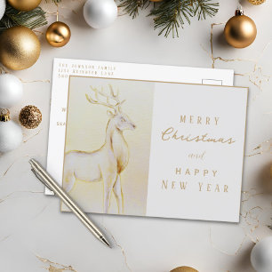 Aquarell Gold Rentier Weihnachten Neujahr Postkarte